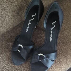 Nina Black Satin Heels with Bow Accent